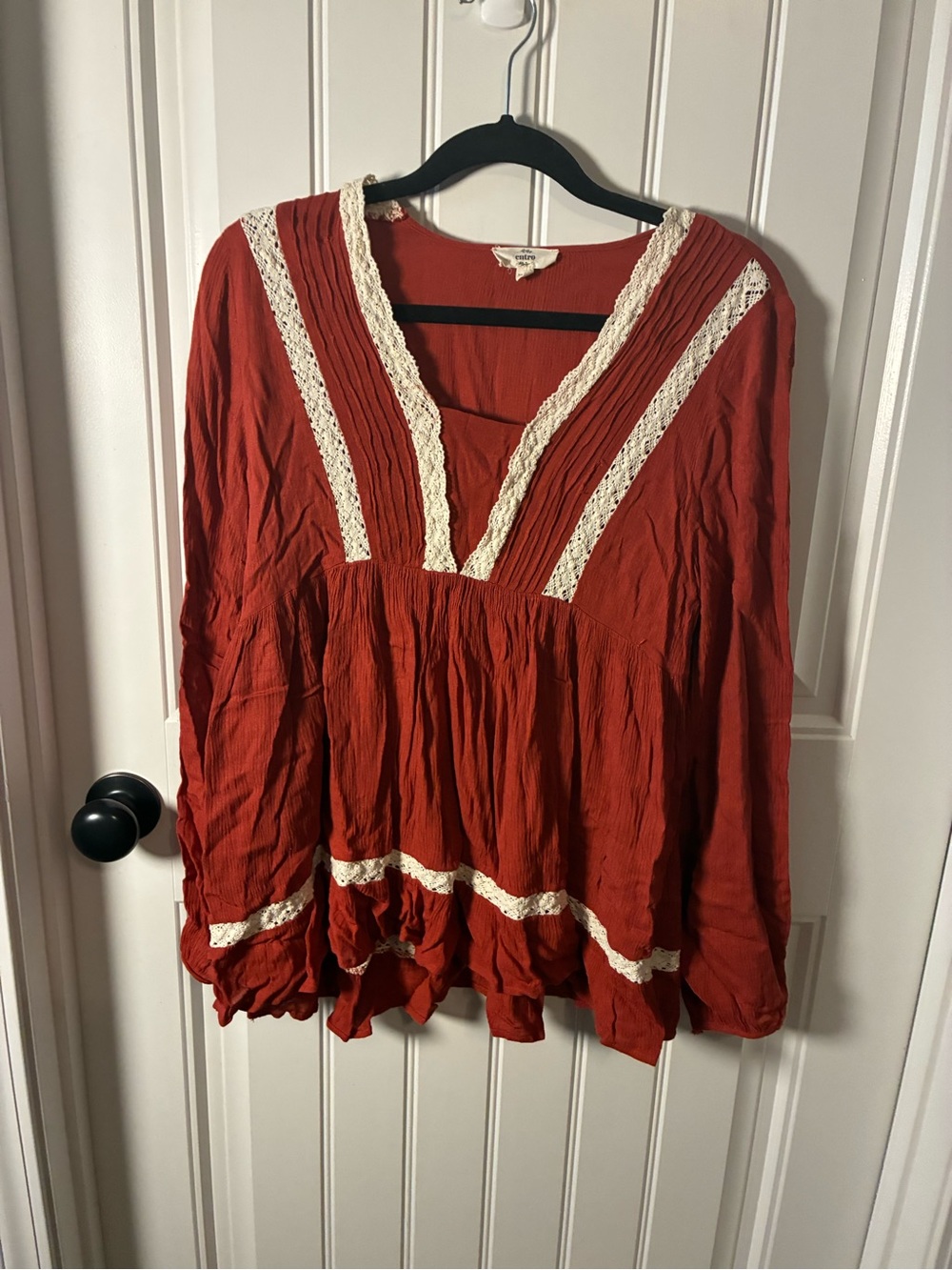entro Rust Red Boho Tunic with Cream Lace Details Large